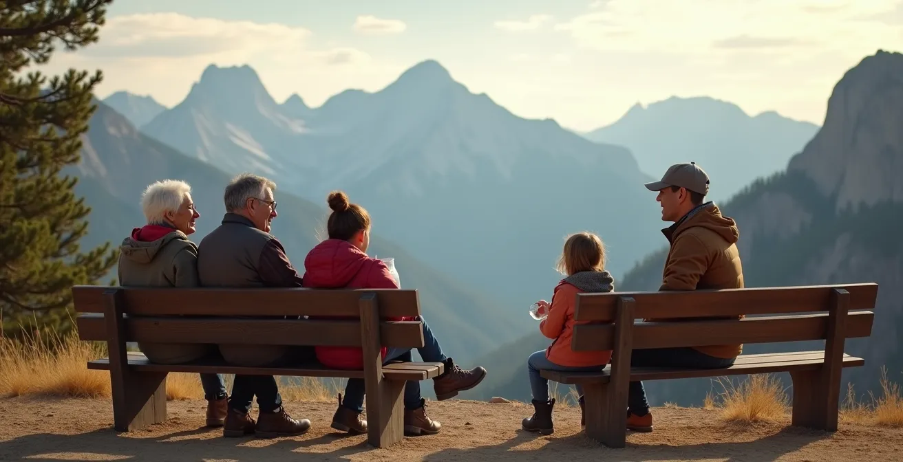 Comfortable seating area at mountain summit with visitors relaxing