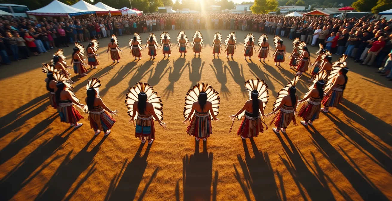 Vibrant pow wow grand entry ceremony with dancers in traditional regalia forming a circle