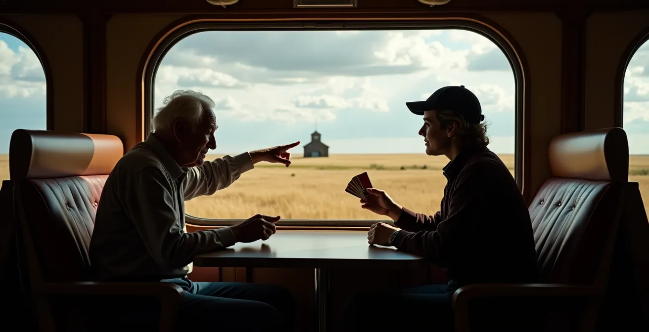 View from train window showing Saskatchewan prairie landscape with historic grain elevators under dramatic sky