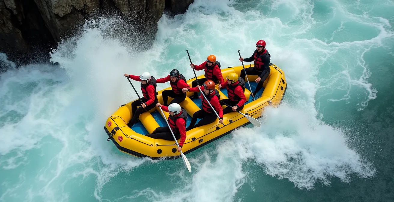 Overhead view of rafting crew executing synchronized paddle commands in whitewater