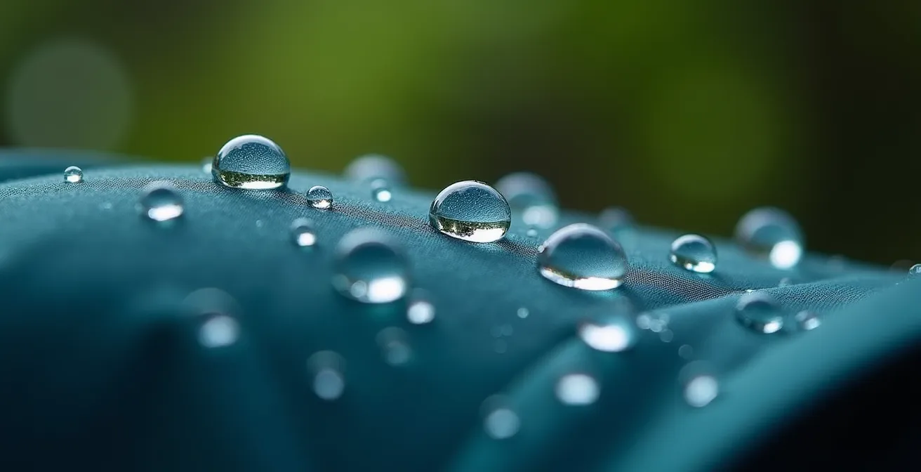 Hiker testing waterproof gear with water beading on jacket surface in misty forest environment