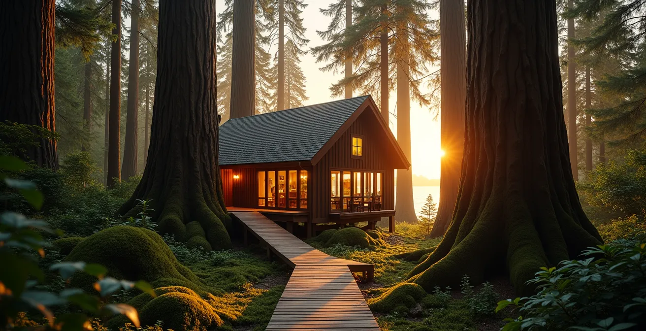 Remote wooden eco-lodge nestled in old-growth forest with ocean view at golden hour