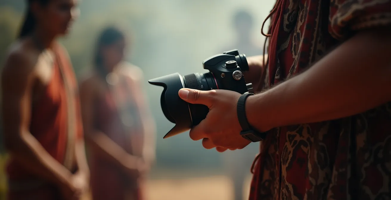 Visitor holding camera down respectfully during Indigenous ceremony