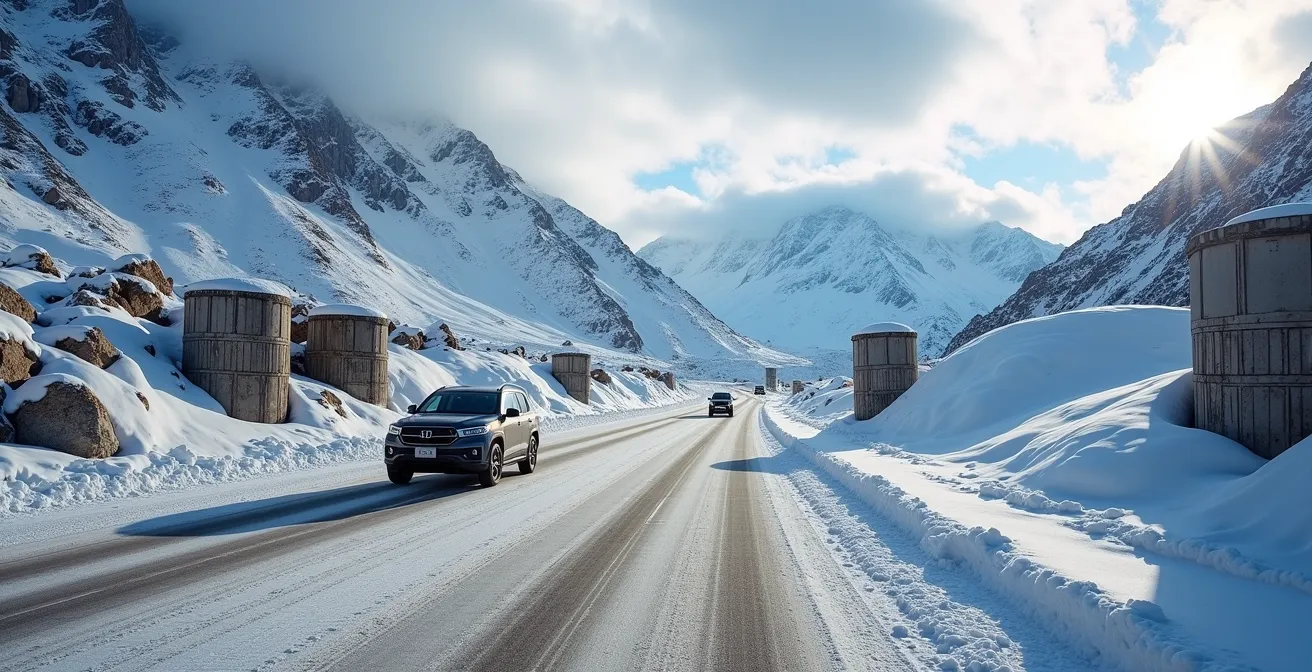 Snow-covered Rogers Pass highway with avalanche control equipment and mountain peaks
