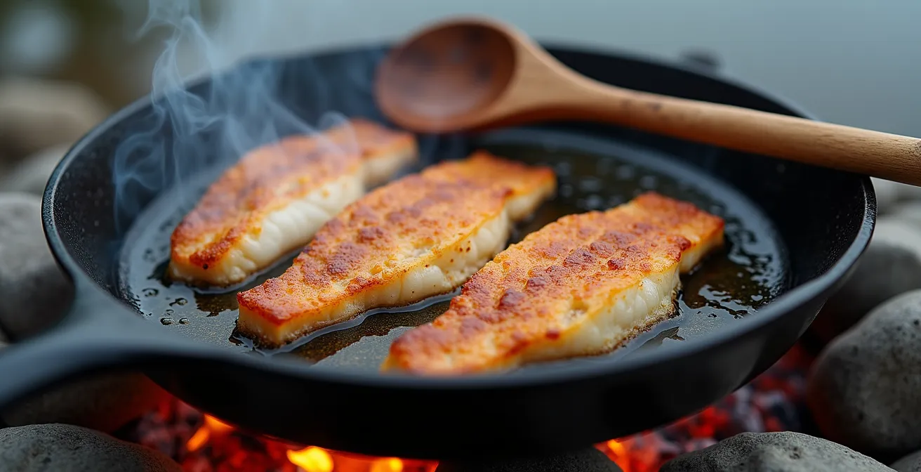Traditional shore lunch preparation with fresh walleye being cooked over an open fire in the Canadian wilderness
