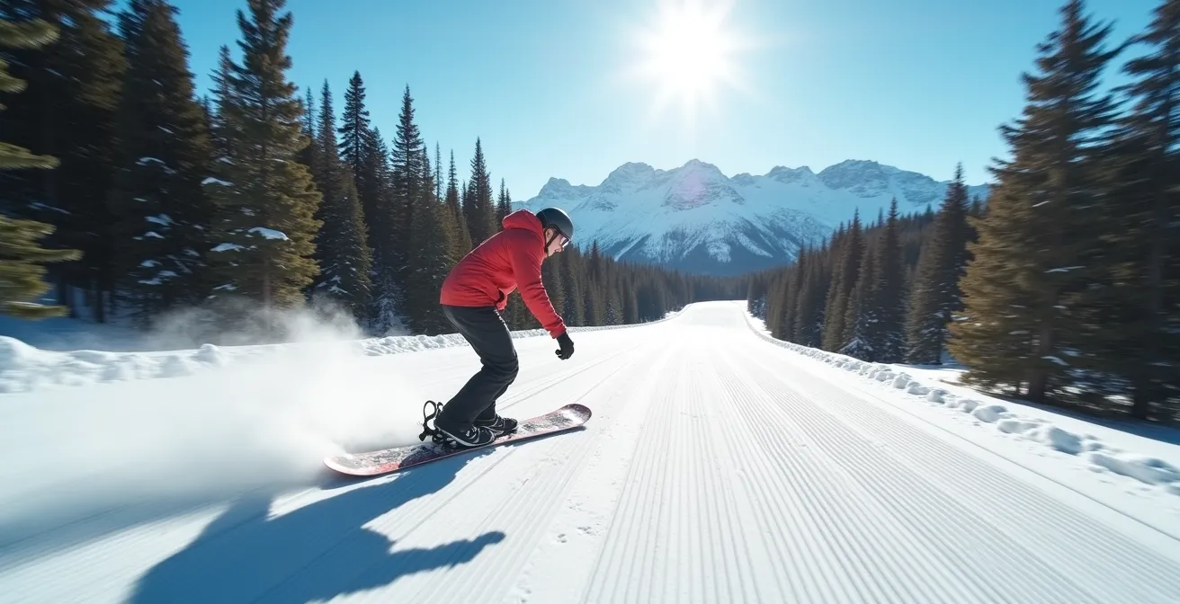 Snowboarder pushing along flat connecting trail with mountain backdrop