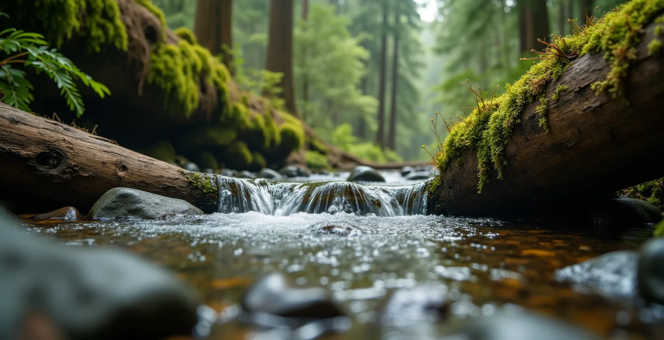 Pristine temperate rainforest stream with moss-covered trees typical Spirit Bear habitat