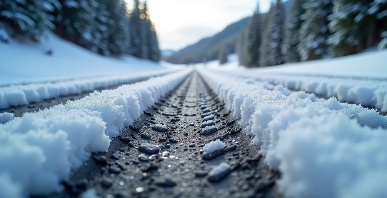Dramatic low-angle view of an icy mountain access road with tire tracks in snow