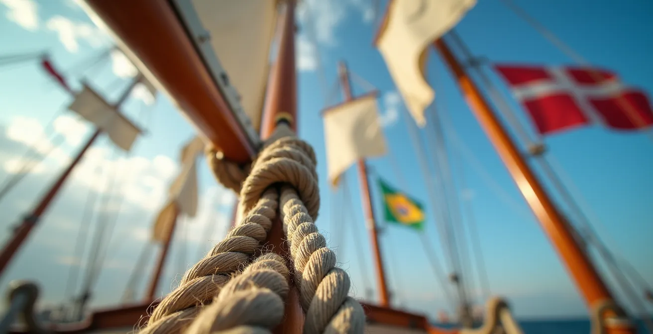 Multiple tall ship masts with complex rigging against a blue sky, with various maritime flags flying