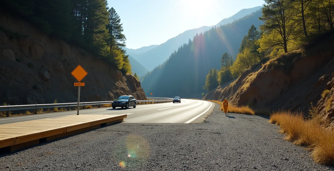 Scenic mountain viewpoint along Highway 99 with safe pullout area and mountain vista