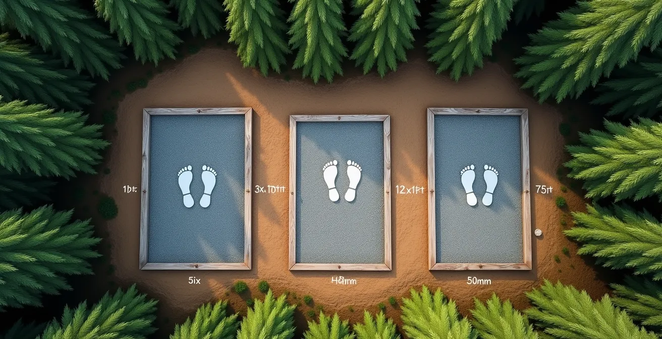 Overhead view showing different tent pad dimensions with 6-person tent silhouettes