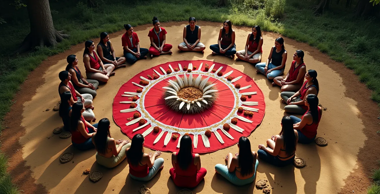 Traditional Indigenous governance meeting in a circular formation with ceremonial items, viewed from above.
