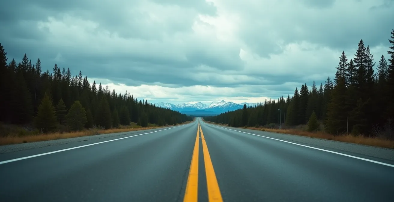 Long straight stretch of Trans-Canada Highway disappearing into horizon through Canadian wilderness