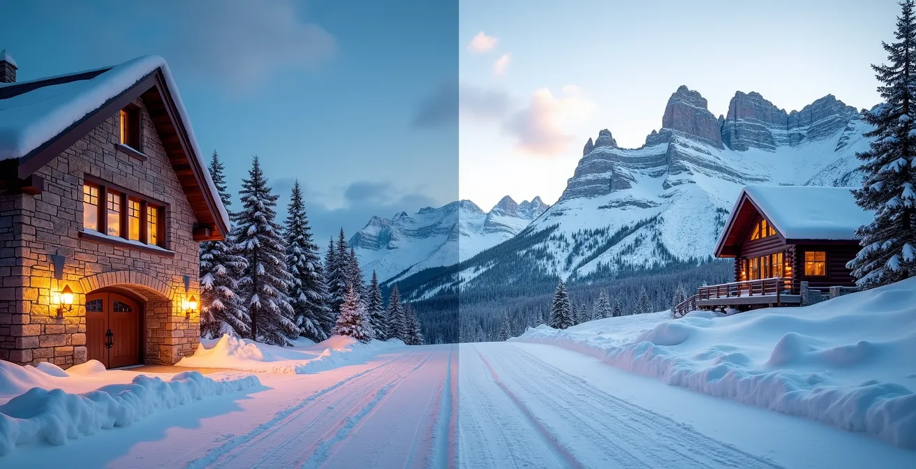 Split view showing Quebec village architecture versus Rocky Mountain peaks