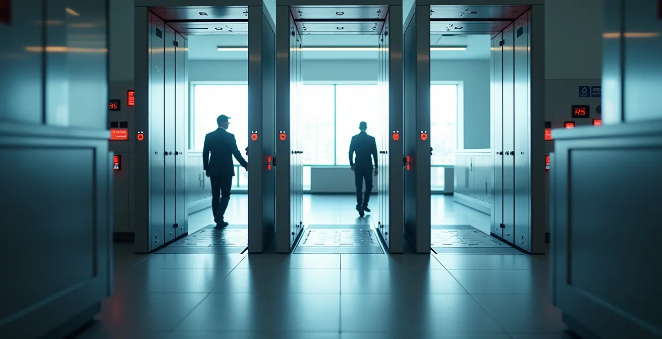 Security screening checkpoint with metal detectors and X-ray machines at a government building entrance