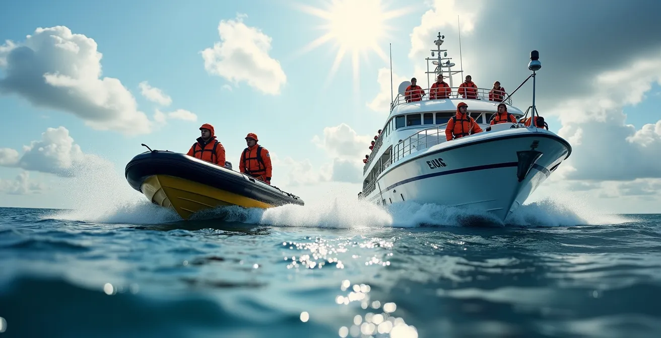 Split composition showing zodiac and covered cruiser whale watching vessels